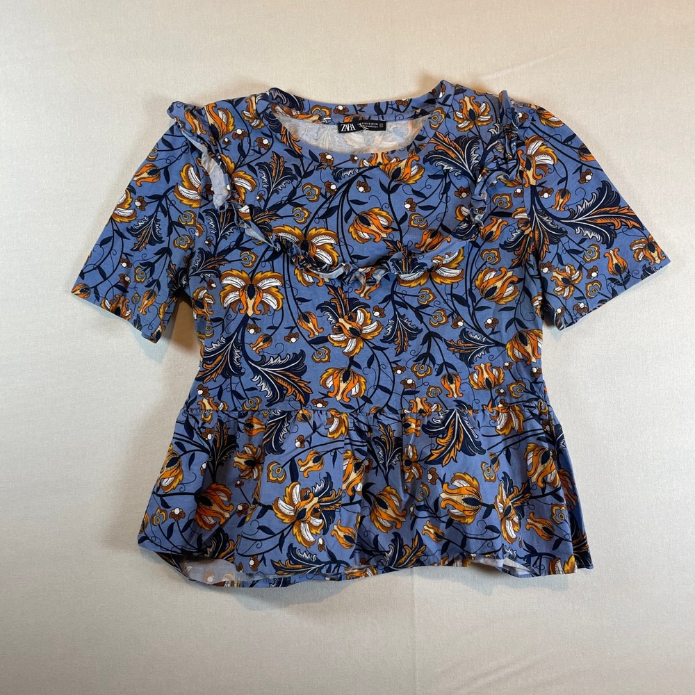 Zara Floral Ruffle Peplum Top Blue Orange Boho Short Sleeve‎ - Size S - Picture 2 of 7